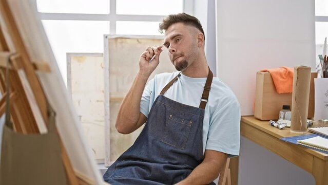 A thoughtful man with a beard wearing a denim apron contemplating in an art studio.