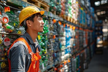 Fototapeta premium An image showing a warehouse worker with a hard hat inspecting stocked beverage products in a warehouse aisle