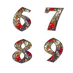 Stained glass floral ornamental alphabet - digits 6-9