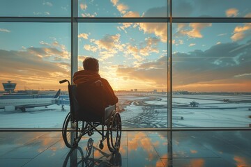 Fototapeta premium Tranquil scene of a wheelchair user observing a snow-covered airport landscape during a vibrant sunset