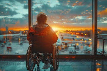 A thoughtful person in a wheelchair observes the bustling airport activity against a dramatic sunset backdrop - obrazy, fototapety, plakaty