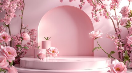 Podium background flower rose product pink 3d spring table beauty stand display nature white. Garden rose floral summer background podium cosmetic valentine easter field scene gift pink day romantic
