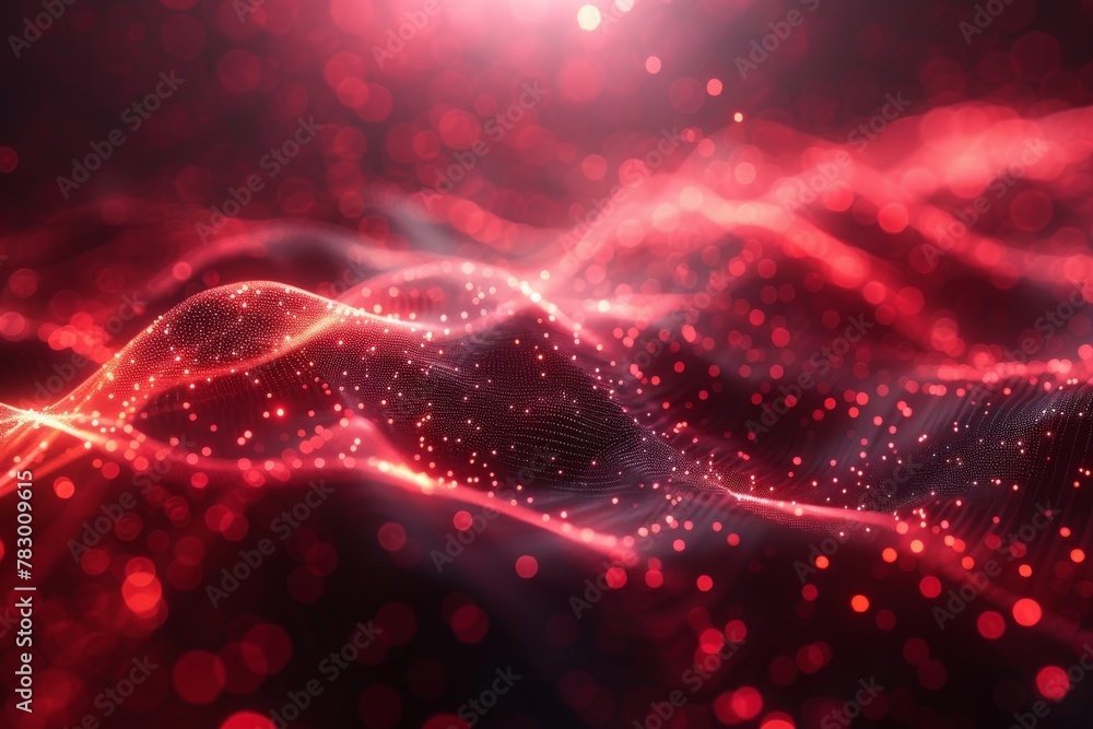 Poster digital art showing a flowing red wave pattern with illuminated particles suggesting connection and 