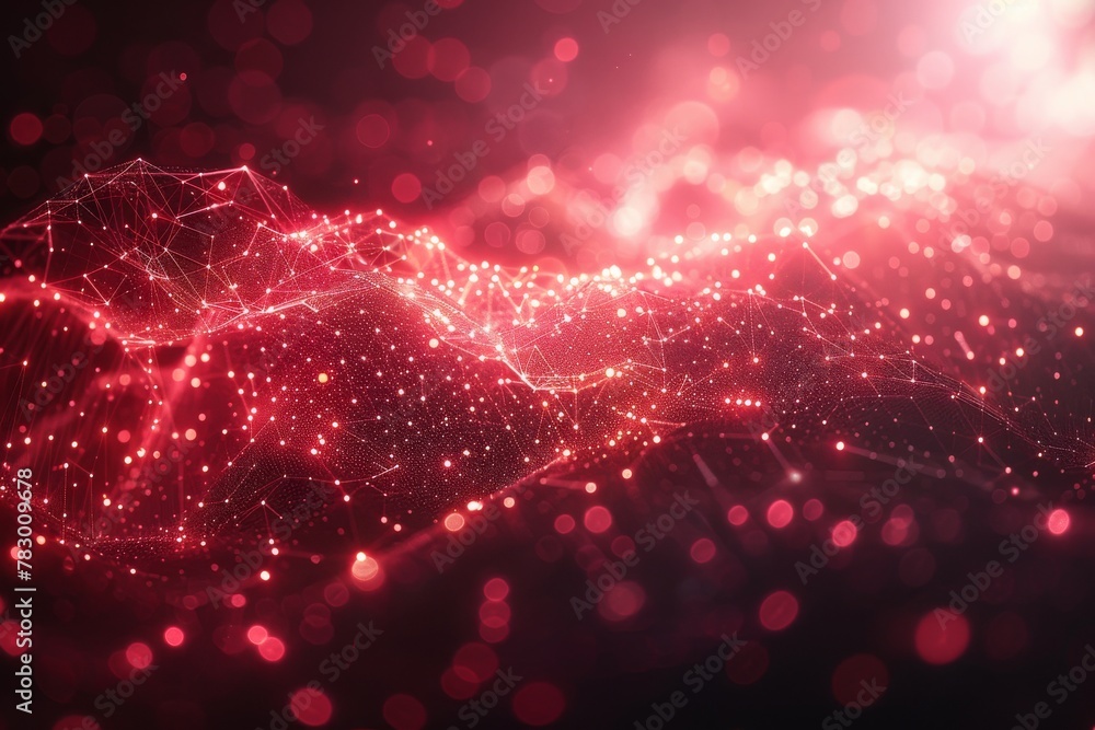 Poster this image visualizes a flowing particle wave in red tones on a black background, reflecting tech an