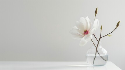 A delicate magnolia flower stands elegantly in a clear glass vase on a white table