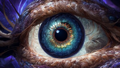 Artistic representation of a cosmic eye with vibrant nebula colors, symbolizing vigilance and mystery within the universe's vastness. - obrazy, fototapety, plakaty