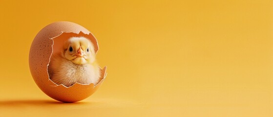 A newborn chick peeking out from a cracked eggshell on a vibrant yellow background