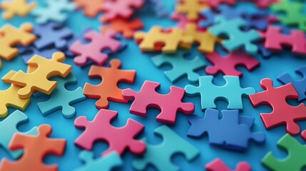 A multitude of colorful jigsaw puzzle pieces scattered on a vibrant blue background