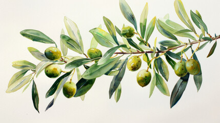 A serene watercolor painting capturing the beauty of olive branches through delicate brushstrokes and soothing colors.