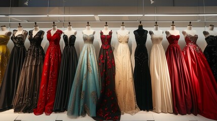 A range of elegant evening gowns displayed in a boutique setting