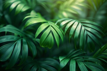 Close-up of vibrant green foliage of tropical plants in a serene and lush garden setting