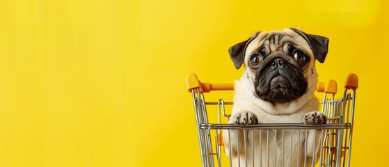 An adorable pug looking curiously out of a shopping cart set against a bright yellow background