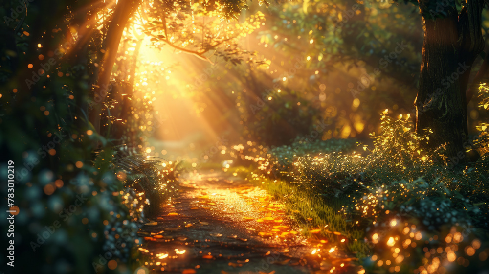 Poster exploring a magical forest with sunlight filtering through the trees, creating a mesmerizing atmosph