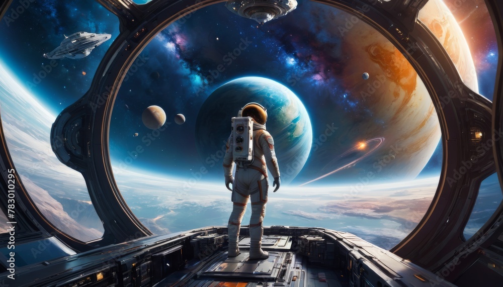 Poster a lone astronaut gazes out at a breathtaking view of multiple planets and a vibrant cosmic array fro