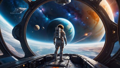 A lone astronaut gazes out at a breathtaking view of multiple planets and a vibrant cosmic array from the deck of a spacecraft.. AI Generation