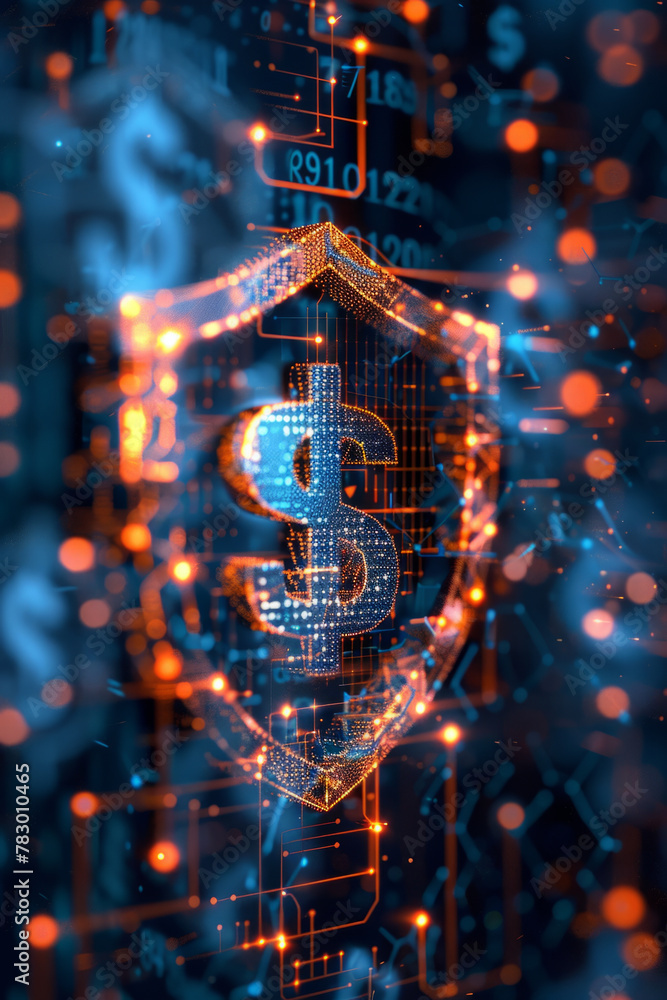 Poster the symbol represents financial security with a shield encasing a dollar sign surrounded by a digita