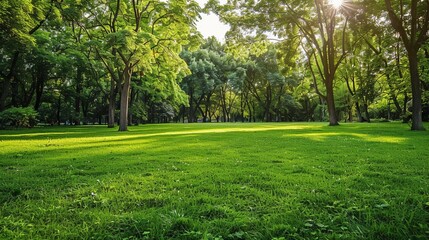 Lush green grass and trees in a peaceful park setting - obrazy, fototapety, plakaty