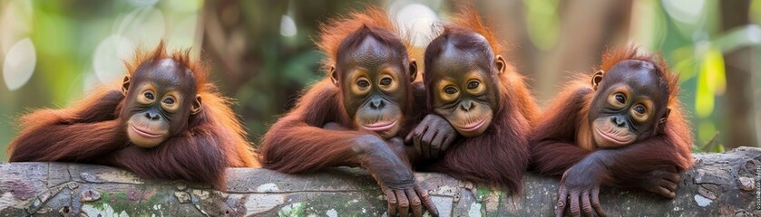 Three young orangutans showing playful expressions while lounging on a log in their natural habitat. - Powered by Adobe