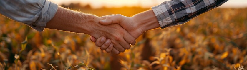 Two people shaking hands over a fresh crop field