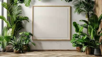A blank frame mockup flanked by indoor plants creates a fresh and inviting space for art or photography in a stylish setting.