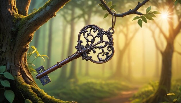 A vintage ornate key hanging from a tree branch in a mystical forest bathed in morning sunlight, suggesting hidden secrets and adventures.. AI Generation