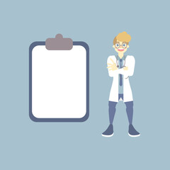 male doctor and blank template text box, health care concept for hospital, flat, design, vector, illustration cartoon character design
