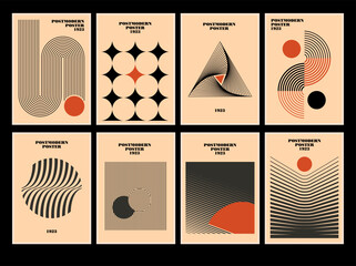 Set of 20s minimalistic geometric posters inspired postmodern of vector abstract dynamic symbols with bold geometric shapes, useful for web background, poster art design, hi-tech print, cover artwork