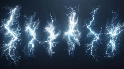 A series of stylized lightning strikes representing power and intensity on a white canvas. - obrazy, fototapety, plakaty
