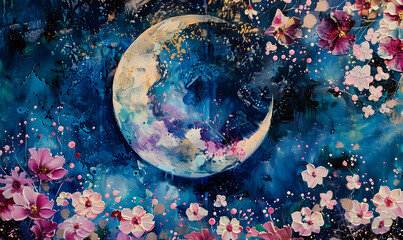 abstract Moon and flowers and galaxy background,Generative AI 