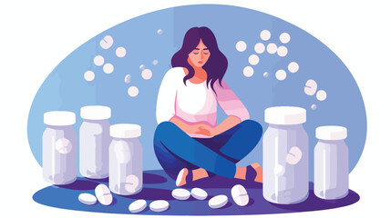 Drug addicted girl sitting on huge pill flat vector - obrazy, fototapety, plakaty