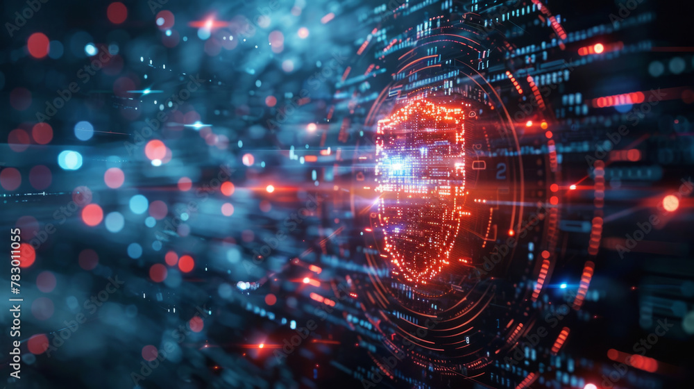 Poster a holographic shield encompassing a digital network, symbolizing comprehensive digital security meas