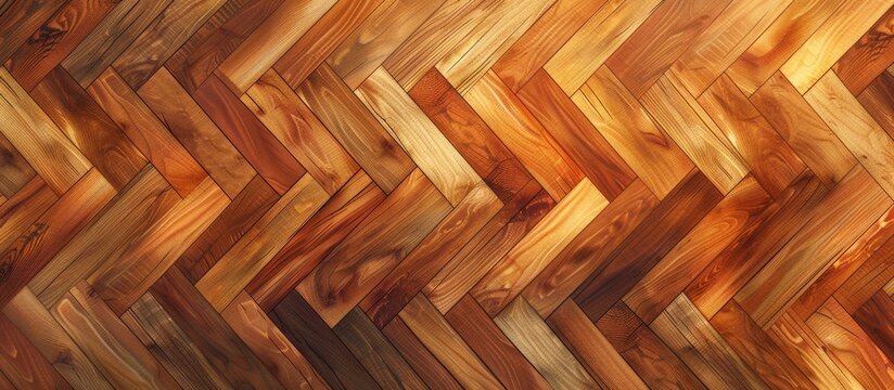 Close-up of a textured fishbone parquet wooden floor pattern for interior design