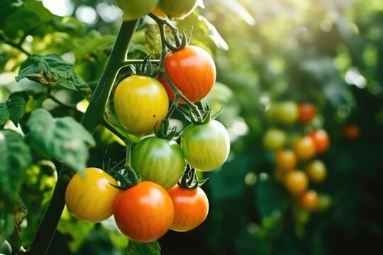 Fresh tomatoes at various stages of ripeness hanging on the vine with sunlight filtering through. Ripe and Unripe Tomatoes on Vine in Sunlight