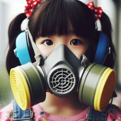Close-up of a child wearing a gas mask