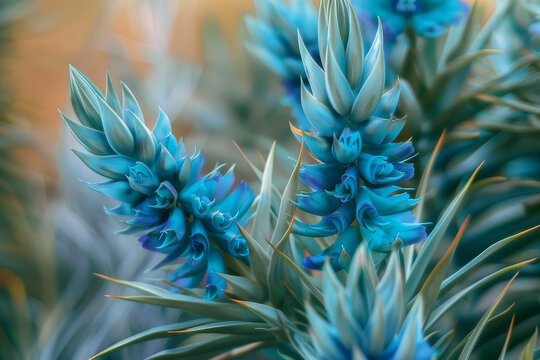 The stunning sapphire or turquoise blooms of Puya alpestris - Generative AI