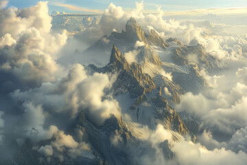 Clouds wrapping around mountain peaks - Generative AI	
 - obrazy, fototapety, plakaty