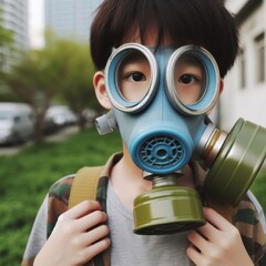 Close-up of a child wearing a gas mask