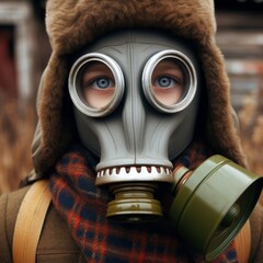 Close-up of a child wearing a gas mask