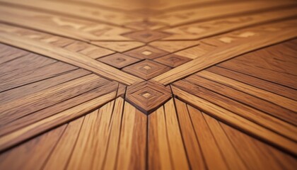 Close-up of an elaborate wooden parquet flooring pattern with a central diamond design and geometric shapes enhancing depth. AI Generation