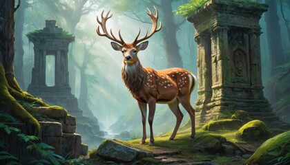 A noble stag stands amidst ancient forest ruins, shrouded in soft light filtering through a mystical woodland.. AI Generation - obrazy, fototapety, plakaty