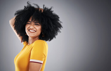 Hair, mockup and portrait of happy woman in studio for afro care, shampoo or curly mousse results...