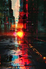 A warped and distorted scene rendered in a hyper-realistic style, combining a modern glitch effect with an anamorphic lens and dramatic lens flare.