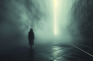Escena solitaria con silueta de una persona andando en la calle por la noche. - obrazy, fototapety, plakaty