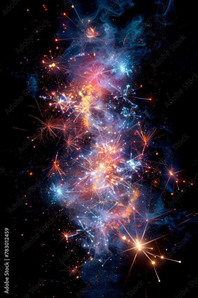 Poster dazzling fireworks display in the night sky, featuring intricate patterns and vibrant colors.