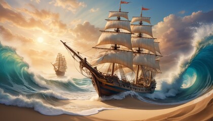 A grand sailing ship with billowing sails rides cresting waves, dwarfing a second ship in the background under a dramatic sunset sky.. AI Generation