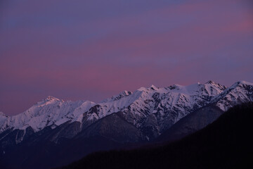 Twilight Majesty: Snowy Peaks and Pink Sky - 783012691