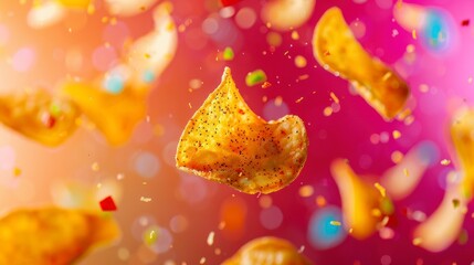 Chips flying chaotically in the air, bright saturated background, spotty colors, professional food photo - obrazy, fototapety, plakaty