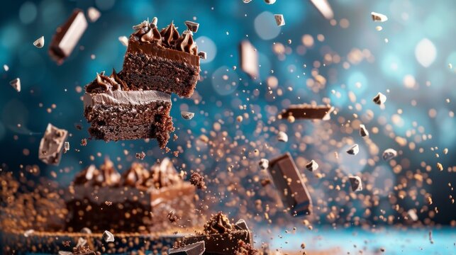 Chocolate cakes flying chaotically in the air, bright saturated background, spotty colors, professional food photo 