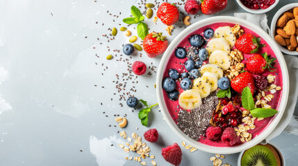 smoothie bowl topped with fresh fruits, nuts and seeds, nutritional aspects of vegetarian breakfast options on white background