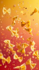 Fototapeta na wymiar Farfalle flying chaotically in the air, bright saturated background, spotty colors, professional food photo